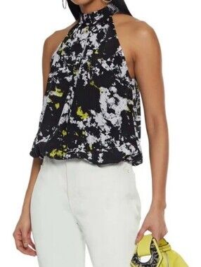 Alice + Olivia Black Tie Neck Smocked Waist Sleeveless Top